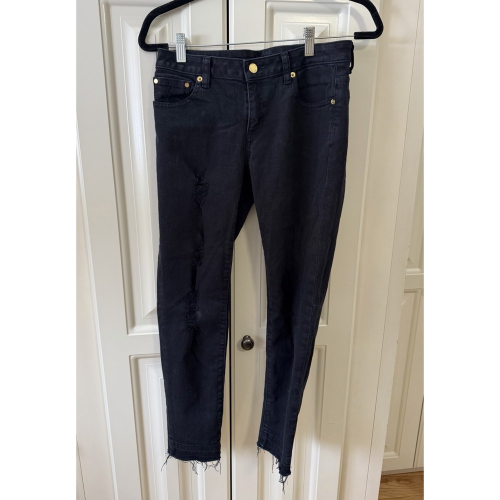 Michael Kors Womens Cropped Skinny Black Distressed Raw‎ Hem Stretch Jeans Sz 4